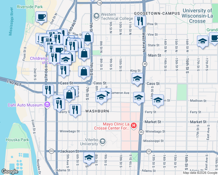 map of restaurants, bars, coffee shops, grocery stores, and more near 313 9th Street South in La Crosse