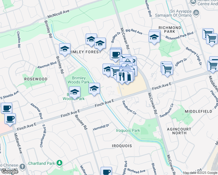 map of restaurants, bars, coffee shops, grocery stores, and more near 1600 Sandhurst Circle in Toronto