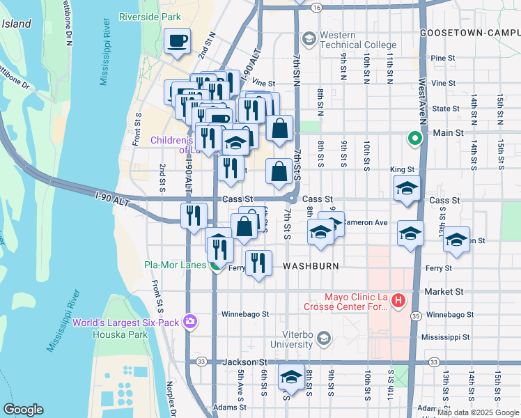 map of restaurants, bars, coffee shops, grocery stores, and more near 511 Cass Street in La Crosse