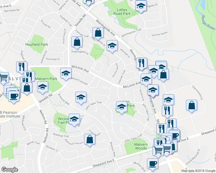 map of restaurants, bars, coffee shops, grocery stores, and more near 61 Warwick Castle Court in Toronto