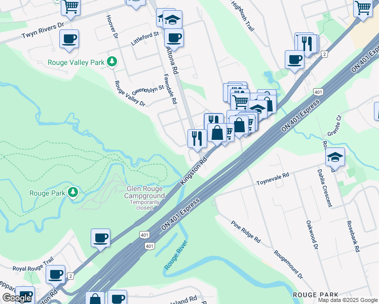 map of restaurants, bars, coffee shops, grocery stores, and more near in Pickering