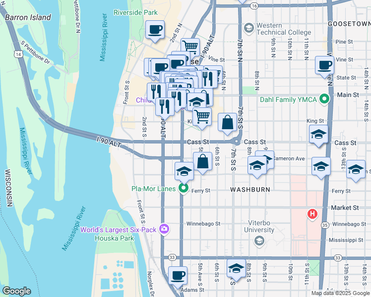 map of restaurants, bars, coffee shops, grocery stores, and more near 435 Cass Street in La Crosse