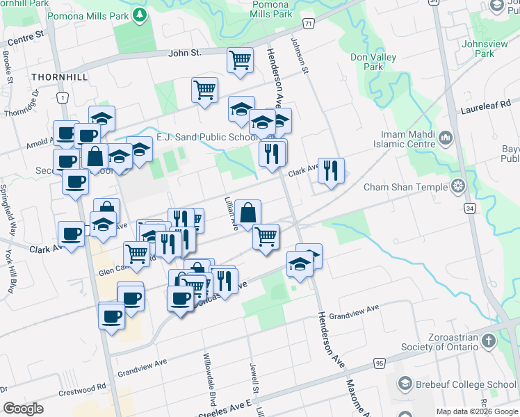 map of restaurants, bars, coffee shops, grocery stores, and more near 117 Morgan Avenue in Markham