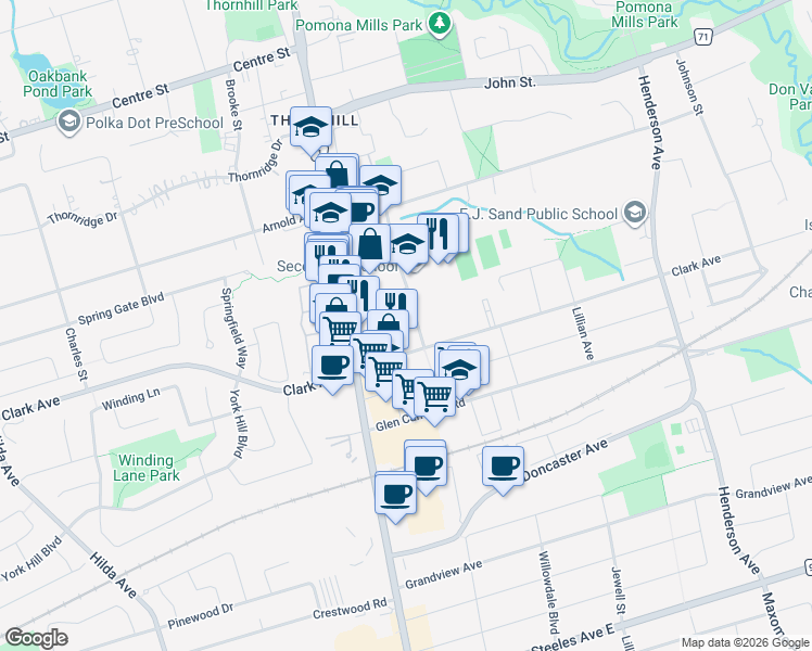 map of restaurants, bars, coffee shops, grocery stores, and more near 30 Clark Avenue in Markham