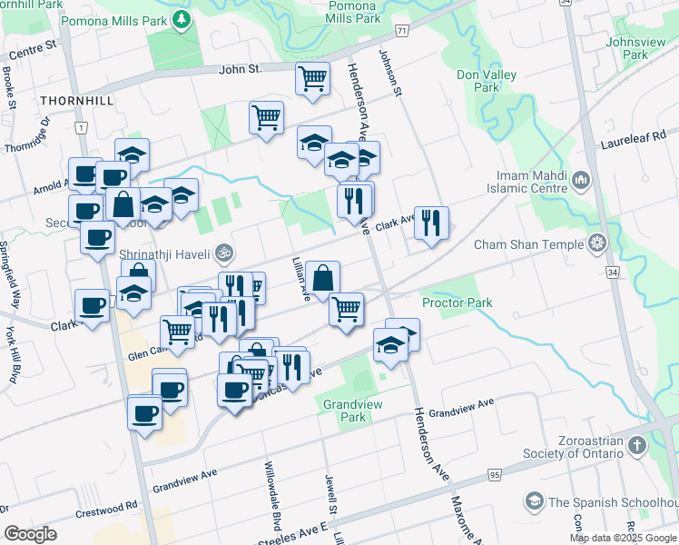 map of restaurants, bars, coffee shops, grocery stores, and more near 117 Morgan Avenue in Markham