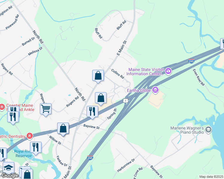 map of restaurants, bars, coffee shops, grocery stores, and more near Juniper East in Yarmouth
