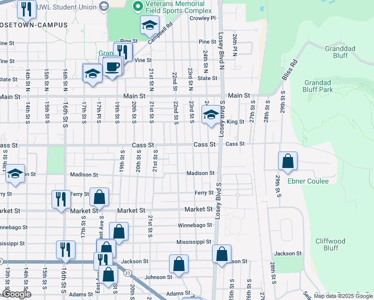 map of restaurants, bars, coffee shops, grocery stores, and more near 2211 Cass Street in La Crosse