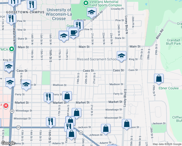 map of restaurants, bars, coffee shops, grocery stores, and more near 2027 Cass Street in La Crosse