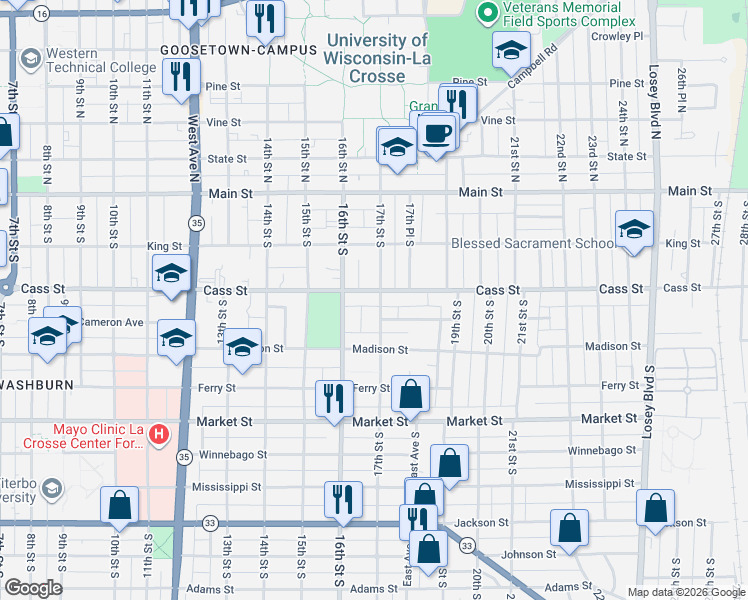 map of restaurants, bars, coffee shops, grocery stores, and more near 238 17th Street South in La Crosse