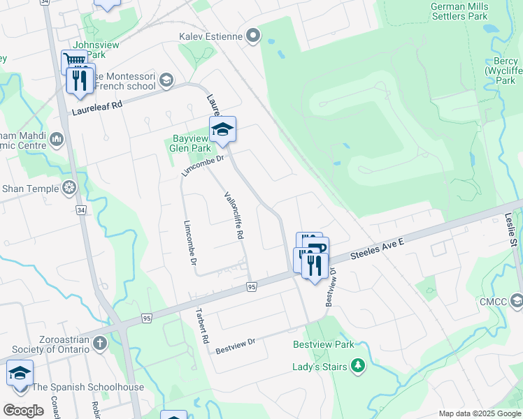 map of restaurants, bars, coffee shops, grocery stores, and more near 21 Hammok Crescent in Markham