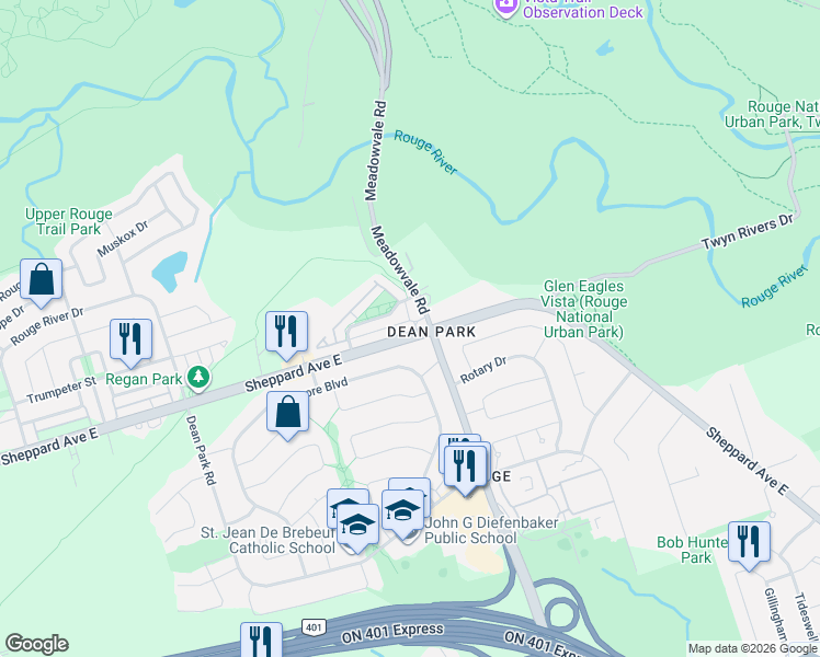 map of restaurants, bars, coffee shops, grocery stores, and more near 9544 Sheppard Avenue East in Toronto
