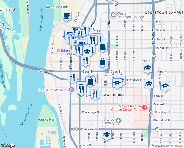 map of restaurants, bars, coffee shops, grocery stores, and more near 500 Cass Street in La Crosse