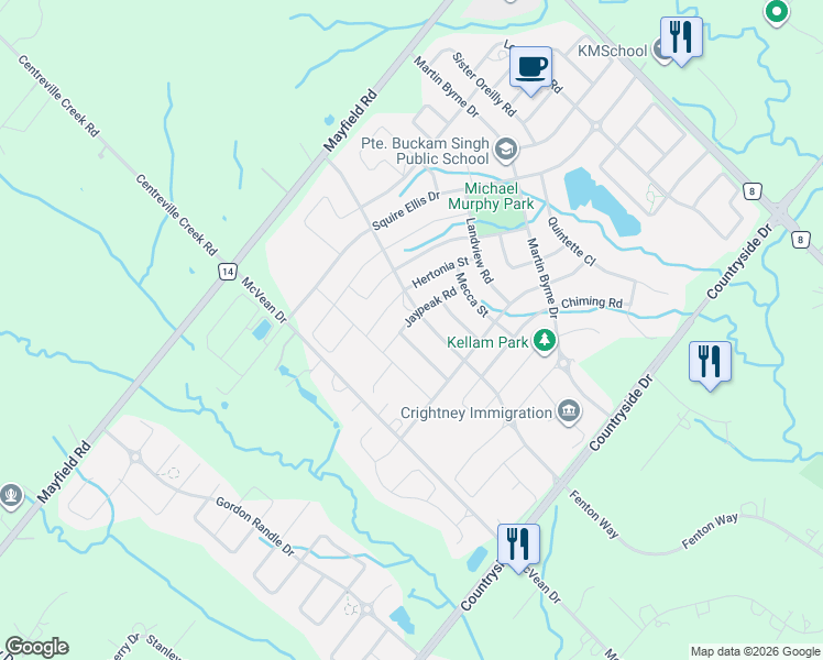 map of restaurants, bars, coffee shops, grocery stores, and more near 20 Jaypeak Road in Brampton