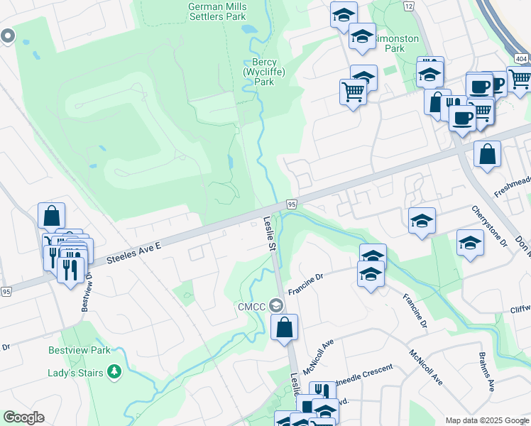 map of restaurants, bars, coffee shops, grocery stores, and more near Leslie St & Steeles Ave E in Toronto