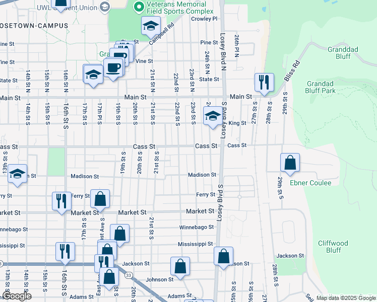 map of restaurants, bars, coffee shops, grocery stores, and more near 2211 Cass Street in La Crosse