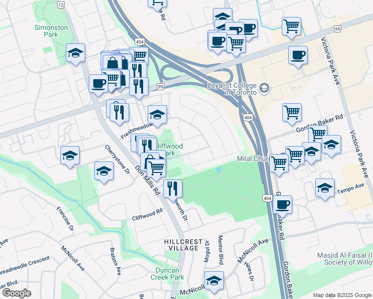 map of restaurants, bars, coffee shops, grocery stores, and more near 304 Cliffwood Road in Toronto