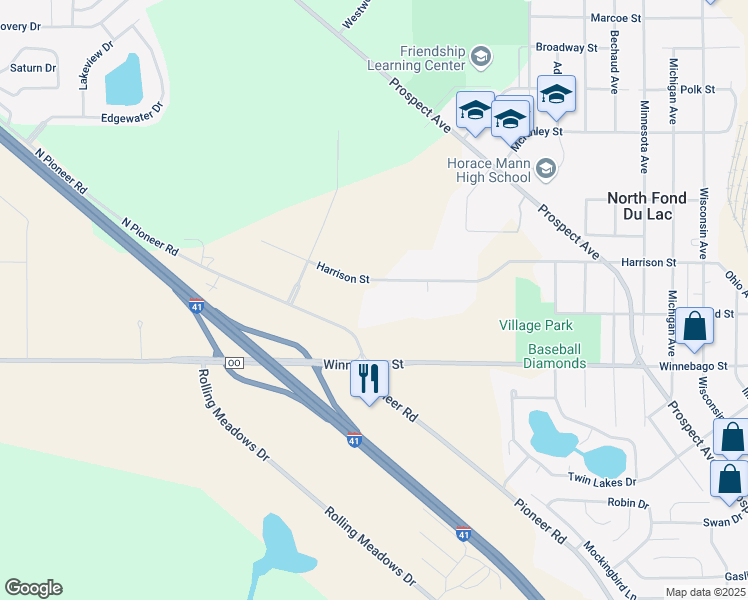 map of restaurants, bars, coffee shops, grocery stores, and more near 507 Harrison Street in North Fond du Lac