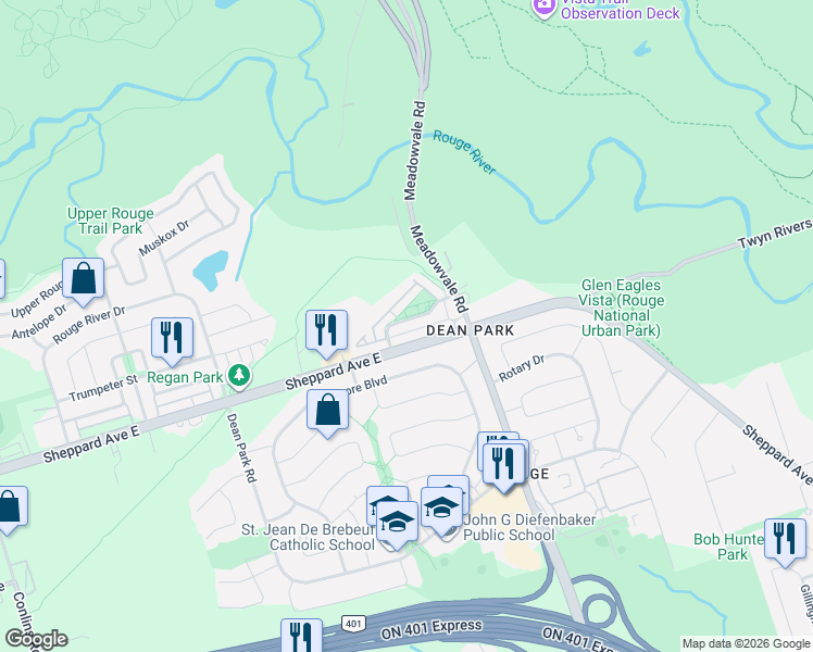 map of restaurants, bars, coffee shops, grocery stores, and more near 25 Hedge End Road in Toronto