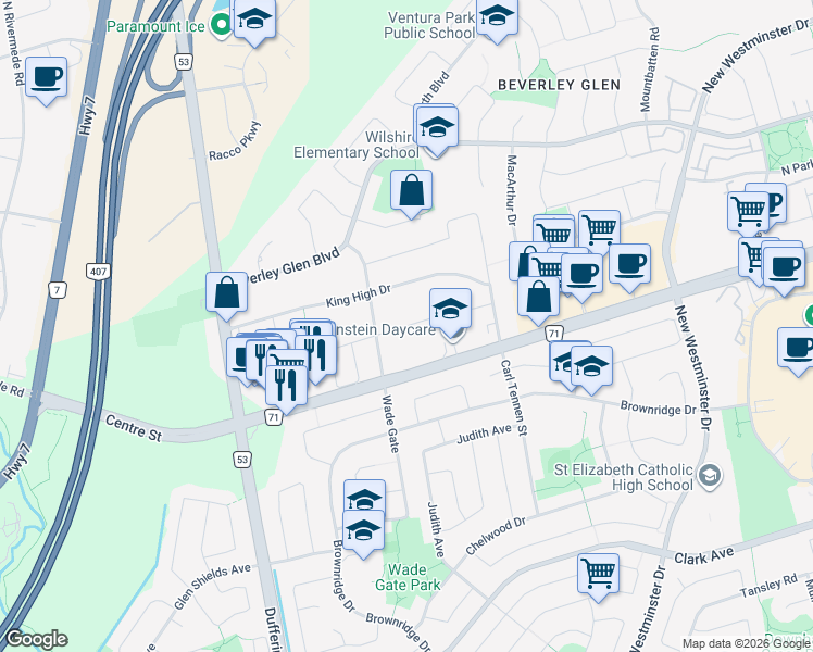 map of restaurants, bars, coffee shops, grocery stores, and more near Lawrie Road in Vaughan