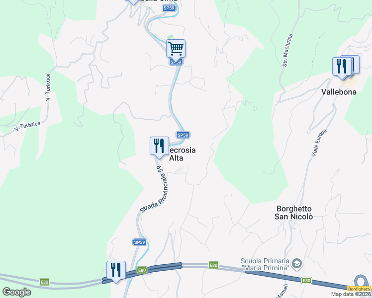 map of restaurants, bars, coffee shops, grocery stores, and more near 25 Via Soprana in Vallecrosia Alta