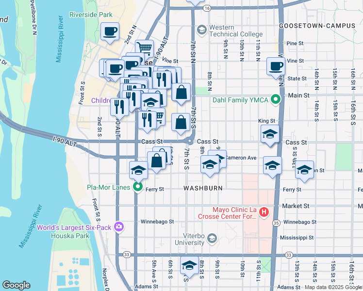 map of restaurants, bars, coffee shops, grocery stores, and more near 603 Cass Street in La Crosse