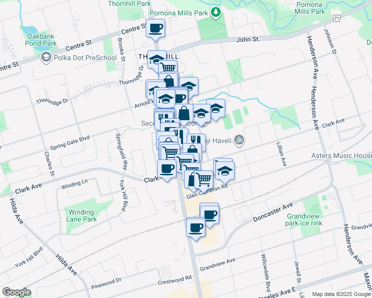map of restaurants, bars, coffee shops, grocery stores, and more near 7433 Yonge Street in Markham