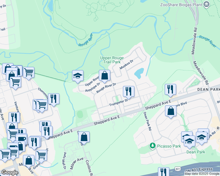 map of restaurants, bars, coffee shops, grocery stores, and more near 19 Bald Eagle Avenue in Toronto