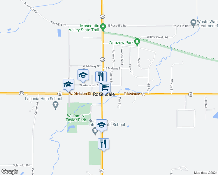 map of restaurants, bars, coffee shops, grocery stores, and more near 105 East Wisconsin Street in Rosendale