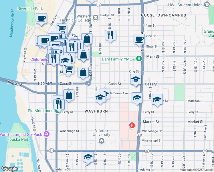 map of restaurants, bars, coffee shops, grocery stores, and more near 239 8th Street South in La Crosse