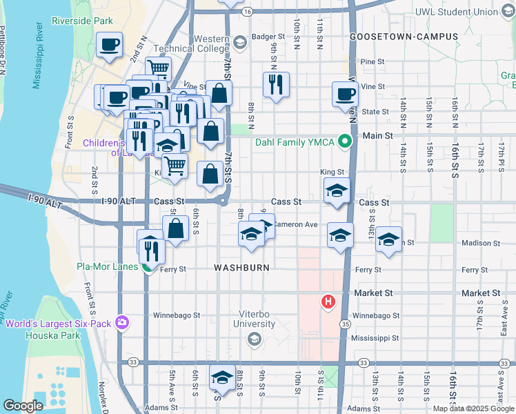 map of restaurants, bars, coffee shops, grocery stores, and more near 239 8th Street South in La Crosse