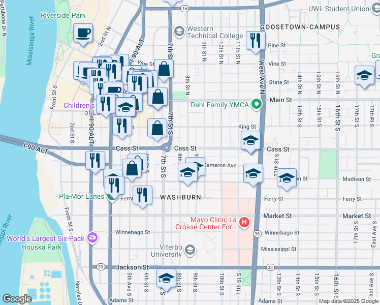 map of restaurants, bars, coffee shops, grocery stores, and more near 239 8th Street South in La Crosse