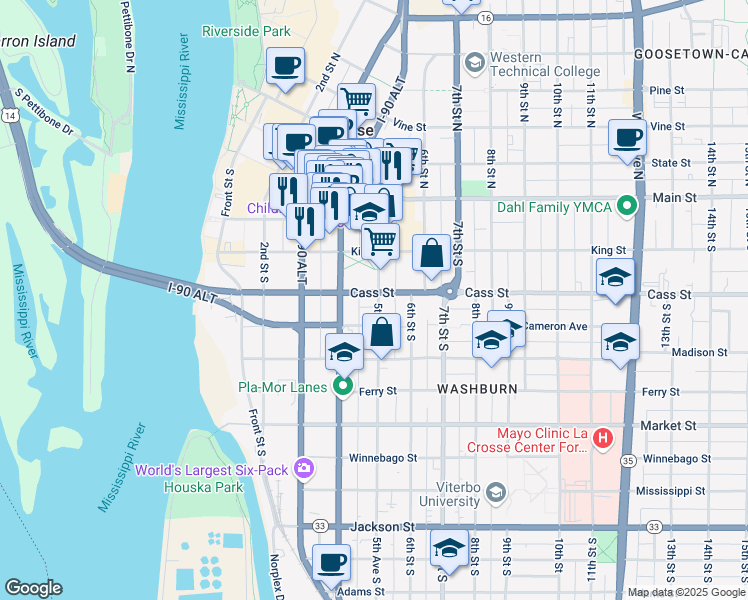 map of restaurants, bars, coffee shops, grocery stores, and more near 435 Cass Street in La Crosse