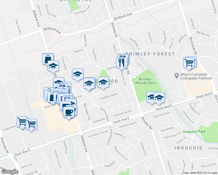 map of restaurants, bars, coffee shops, grocery stores, and more near 66 Carolbreen Square in Toronto