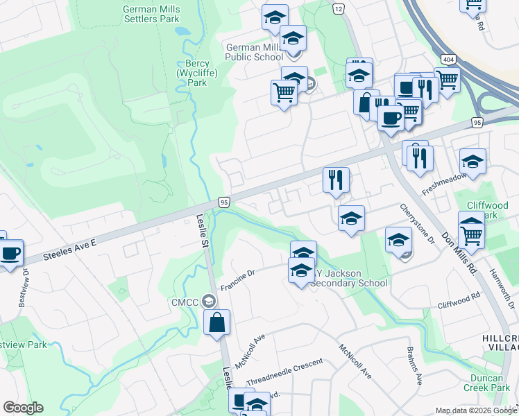 map of restaurants, bars, coffee shops, grocery stores, and more near 44 Paul Markway in Toronto
