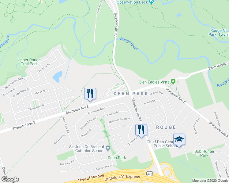 map of restaurants, bars, coffee shops, grocery stores, and more near 33 Hedge End Road in Toronto