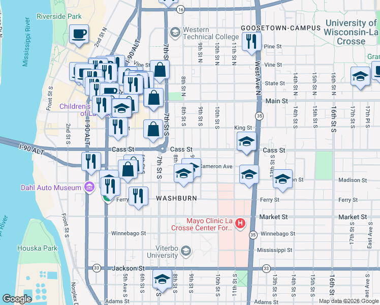 map of restaurants, bars, coffee shops, grocery stores, and more near 239 8th Street South in La Crosse