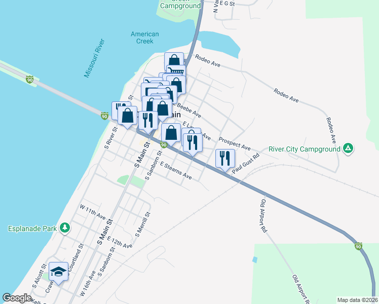map of restaurants, bars, coffee shops, grocery stores, and more near 101-199 South Merrill Street in Chamberlain