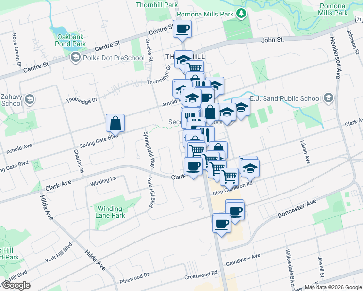 map of restaurants, bars, coffee shops, grocery stores, and more near 18 Clark Avenue West in Vaughan