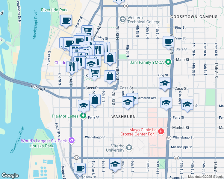 map of restaurants, bars, coffee shops, grocery stores, and more near 302 7th Street South in La Crosse
