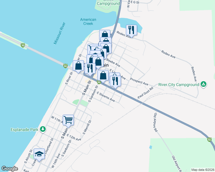 map of restaurants, bars, coffee shops, grocery stores, and more near 199 S Merrill St in Chamberlain
