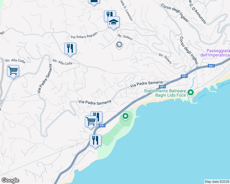 map of restaurants, bars, coffee shops, grocery stores, and more near 2361 Via Padre Semeria in Sanremo