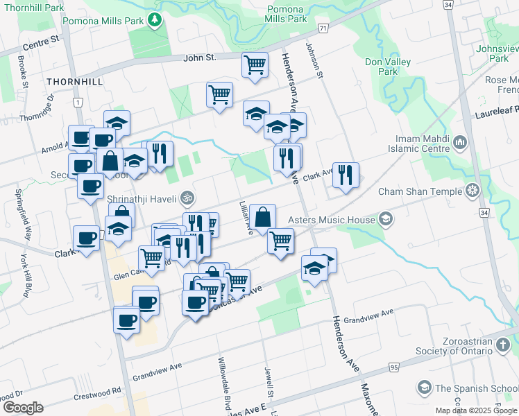 map of restaurants, bars, coffee shops, grocery stores, and more near 106 Morgan Avenue in Markham
