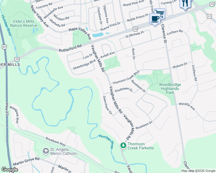 map of restaurants, bars, coffee shops, grocery stores, and more near in Vaughan