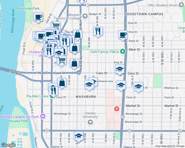 map of restaurants, bars, coffee shops, grocery stores, and more near 239 8th Street South in La Crosse