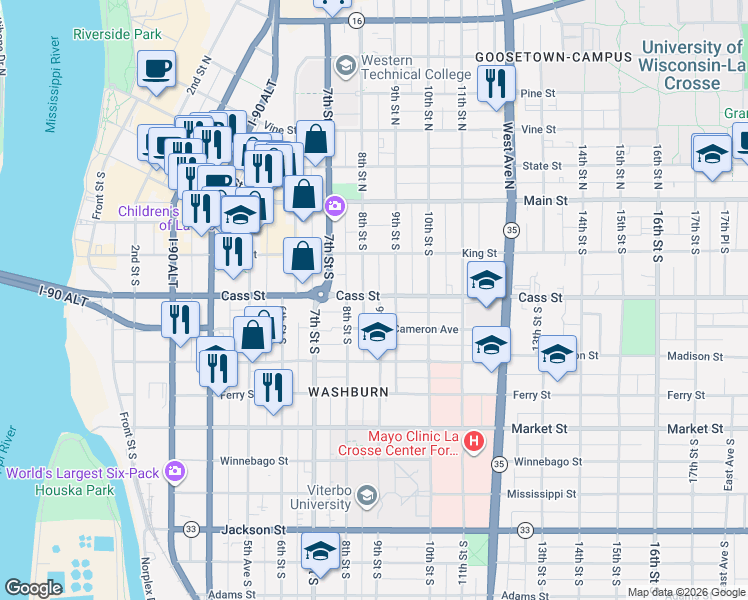 map of restaurants, bars, coffee shops, grocery stores, and more near 239 8th Street South in La Crosse