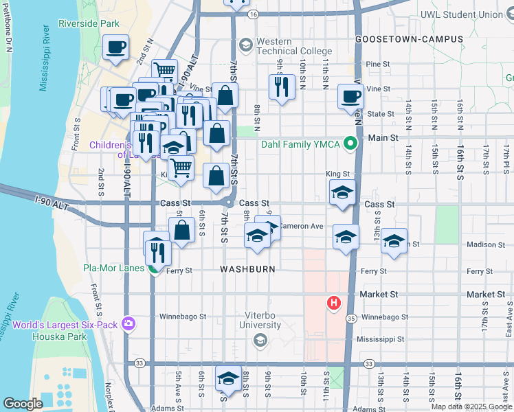 map of restaurants, bars, coffee shops, grocery stores, and more near 239 8th Street South in La Crosse
