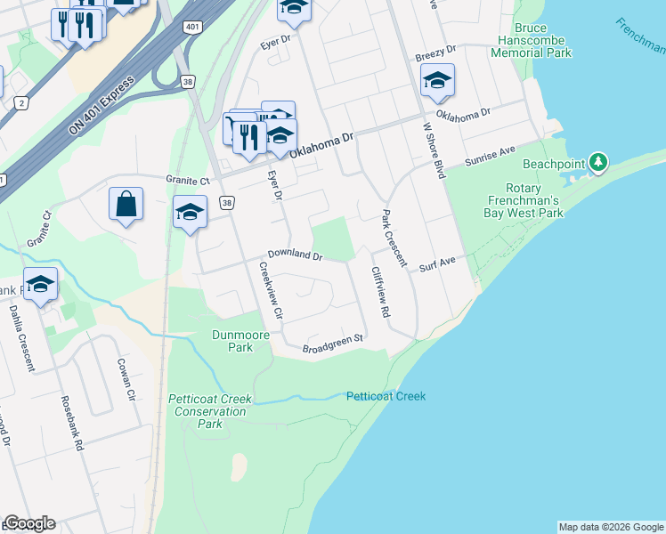 map of restaurants, bars, coffee shops, grocery stores, and more near 567 Downland Drive in Pickering
