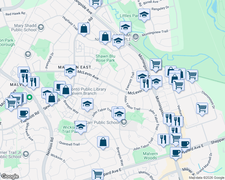 map of restaurants, bars, coffee shops, grocery stores, and more near 73 Warwick Castle Court in Toronto