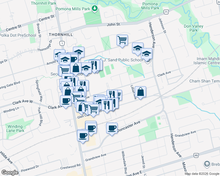 map of restaurants, bars, coffee shops, grocery stores, and more near 62 Clark Avenue in Markham