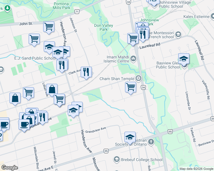 map of restaurants, bars, coffee shops, grocery stores, and more near Proctor Avenue in Markham
